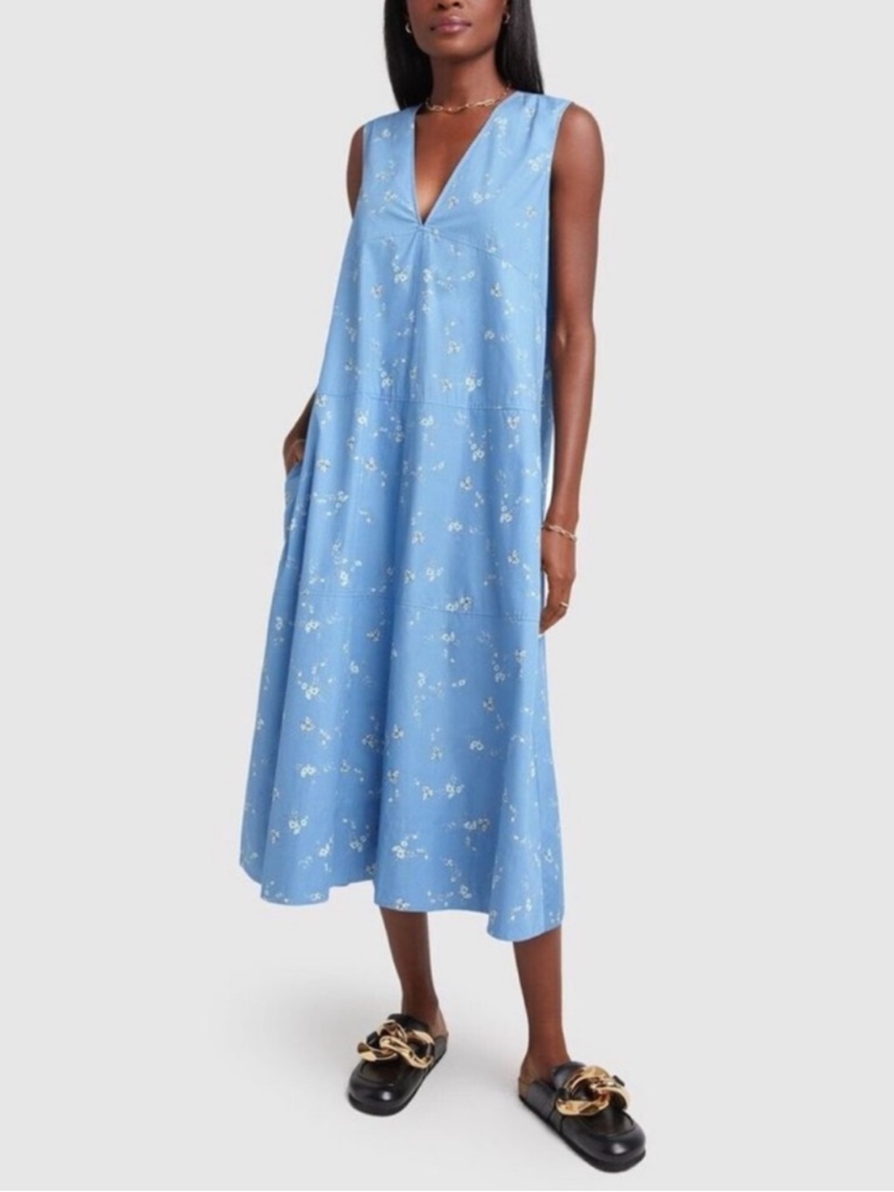 G. Label by Goop Margot Mid Length Dress 8 Blue Floral V-Neck Sleeveless Size 4